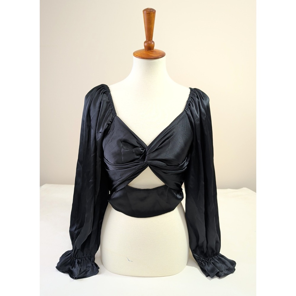 Mi Ami Satin Cut Out Crop Top Women M Black Puff Sleeve Whimsigoth Dark Romantic